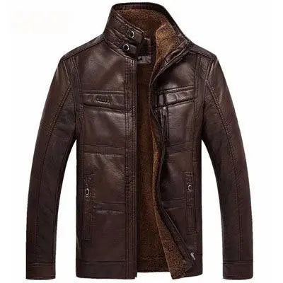 SAS Mens Leather Fur Lining Jacket Winter Faux Leather Stand Collar Thermal Coat Outwear - Super Amazing Store
