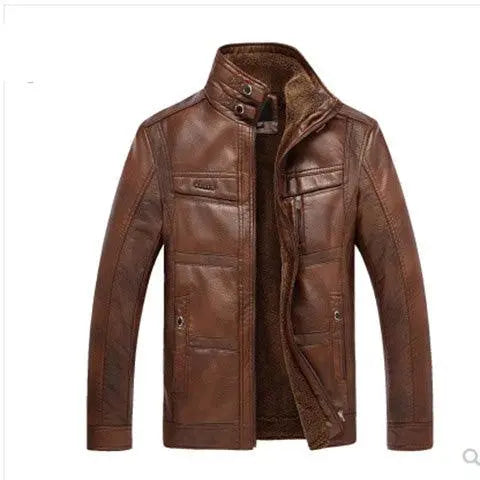 SAS Mens Leather Fur Lining Jacket Winter Faux Leather Stand Collar Thermal Coat Outwear - Super Amazing Store