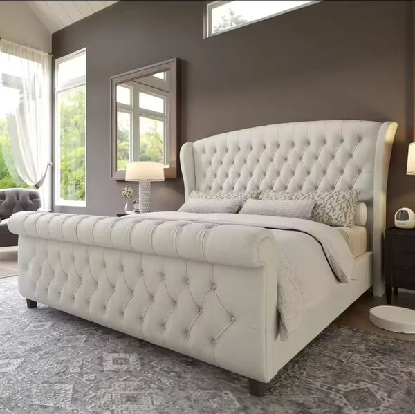 King Size Bed Frame, Chenille Upholstered Sleigh Beds with Scroll Wingback Headboard & Footboard/Button, King Size Bed Frame - Fast shipping from USA