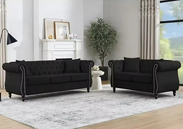 2 Piece Chesterfield Velvet Combination Sofa, 3-Seater and Loveseat Sofa Set Tufted Couch with 4 Pillows, Rolled Arms and Nailhead