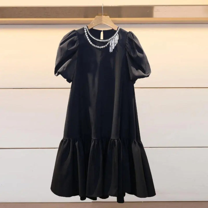 Spring and Summer New Women's Fashion Diamond Ornaments Tassel Round Neck Bubble Short Sleeve Slim Dress - Super Amazing Store