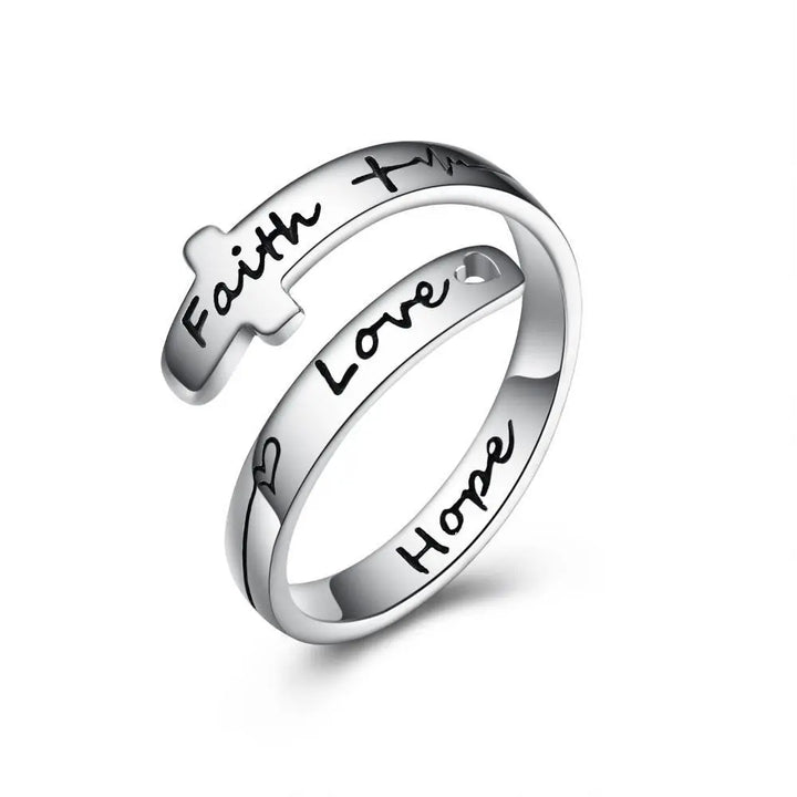 Sterling Silver Faith Hope Love Cross Adjustable Wrap Open Adjustable Rings - Super Amazing Store