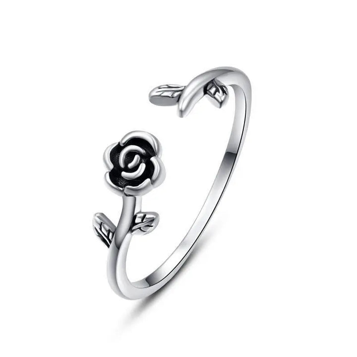 Sterling Silver Rose Flower Black Rose Leaves Adjustable Open Rings - Super Amazing Store