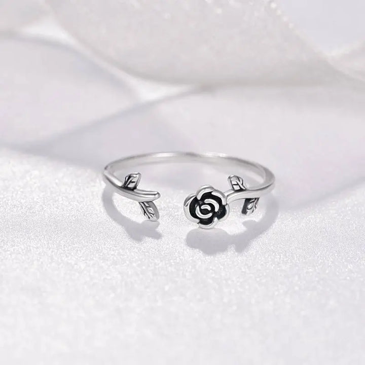 Sterling Silver Rose Flower Black Rose Leave Adjustable Open Rings Super Amazing Store