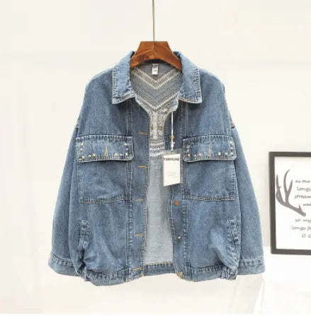 Super Amazing Store(SAS) Women's Denim Jacket Floral Embroidery Suede Fringe Loose Basic Button Down Stretch Long Sleeves Lapel Jean Jacket Casual Boyfriend Coat - Super Amazing Store