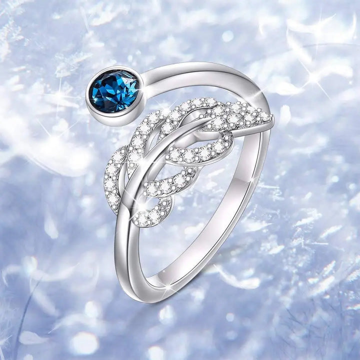 Unique Adjustable Leaf Feather Rings Handmade Wrap Open Band with Blue Austria Crystal Jewelry - Super Amazing Store