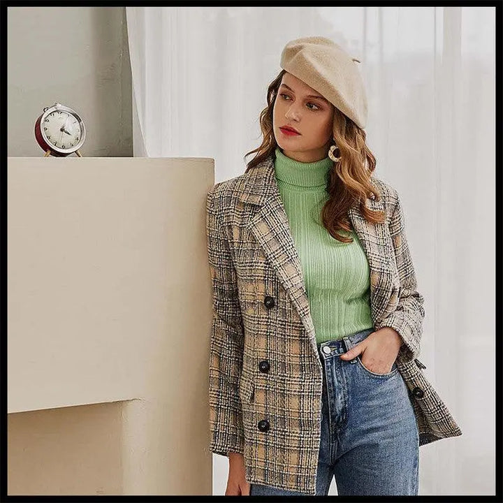 Women Blazer Coat Causal Long Sleeve Tweed Coat Short Office Ladies Elegant Autumn Winter Plaid Pocket Women Suit Blazer - Super Amazing Store