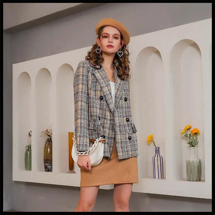 Women Blazer Coat Causal Long Sleeve Tweed Coat Short Office Ladies Elegant Autumn Winter Plaid Pocket Women Suit Blazer - Super Amazing Store