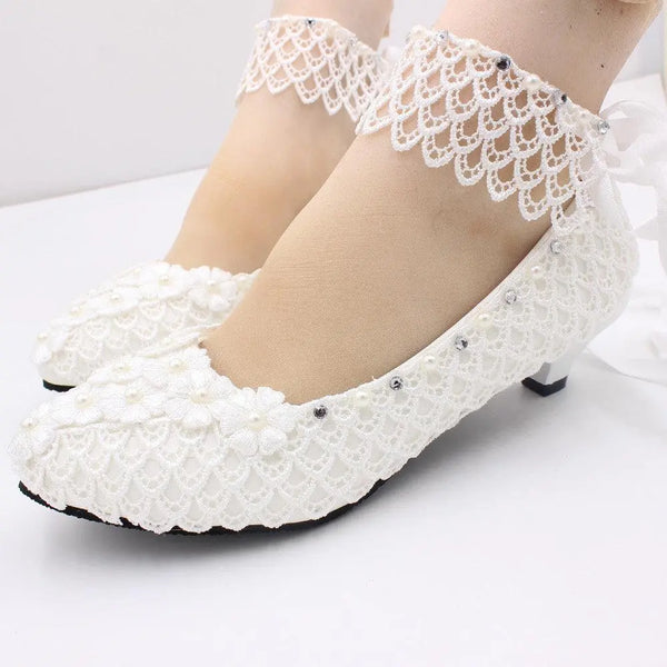 Women Bridal Bridesmaid High Heels 8cm Floral Crystal Wedding Shoes Lace Prom - Super Amazing Store