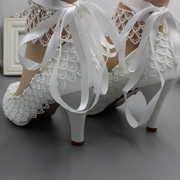 Women Bridal Bridesmaid High Heels 8cm Floral Crystal Wedding Shoes Lace Prom - Super Amazing Store