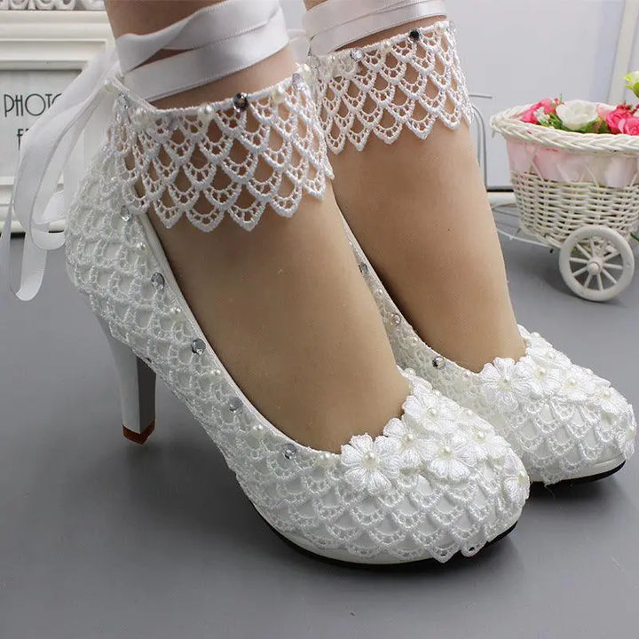 Women Bridal Bridesmaid High Heels 8cm Floral Crystal Wedding Shoes Lace Prom - Super Amazing Store