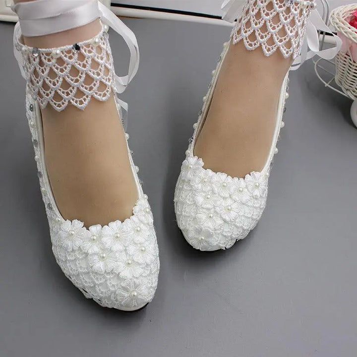 Women Bridal Bridesmaid High Heels 8cm Floral Crystal Wedding Shoes Lace Prom - Super Amazing Store