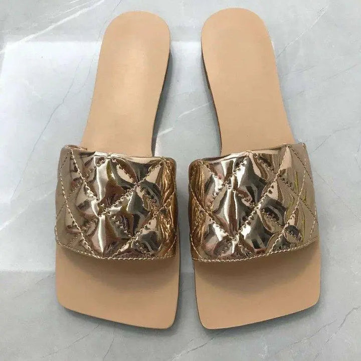 Women Casual Diamond Stitch Design Square Toe Flat Slippers - Super Amazing Store