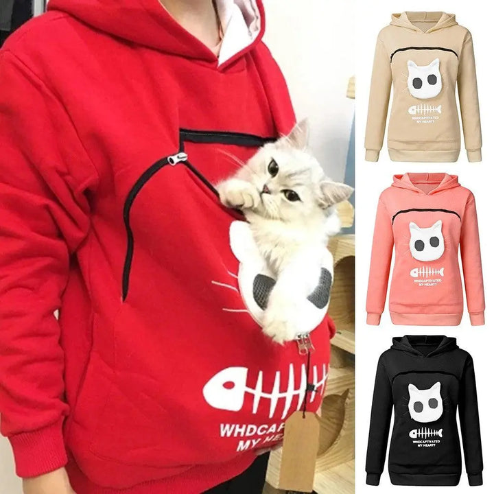 Women Hoodie Sweatshirt With Cat Pet Pocket Design Long Sleeve Sweater Cat Outfit - Super Amazing Store