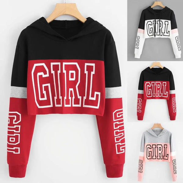 Women Letter Printing Long Sleeve Hoodie Sweatshirt Hooded Vintage Casual Pullover High Street Crop Modis Tops - Super Amazing Store