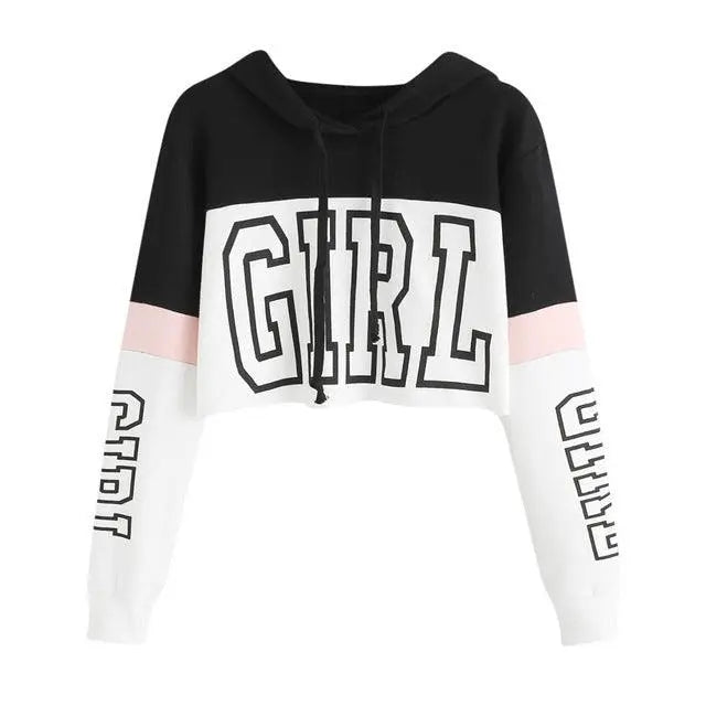 Women Letter Printing Long Sleeve Hoodie Sweatshirt Hooded Vintage Casual Pullover High Street Crop Modis Tops - Super Amazing Store