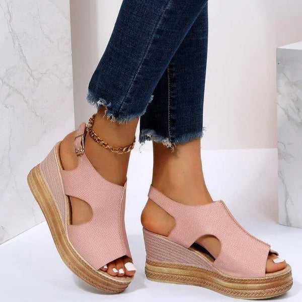 Womens Fashion Sandals Ladies Fashion Solid Color Hollow Out Leather Open Toe Buckle Wedge Heel Slides And Sandals Women - Super Amazing Store