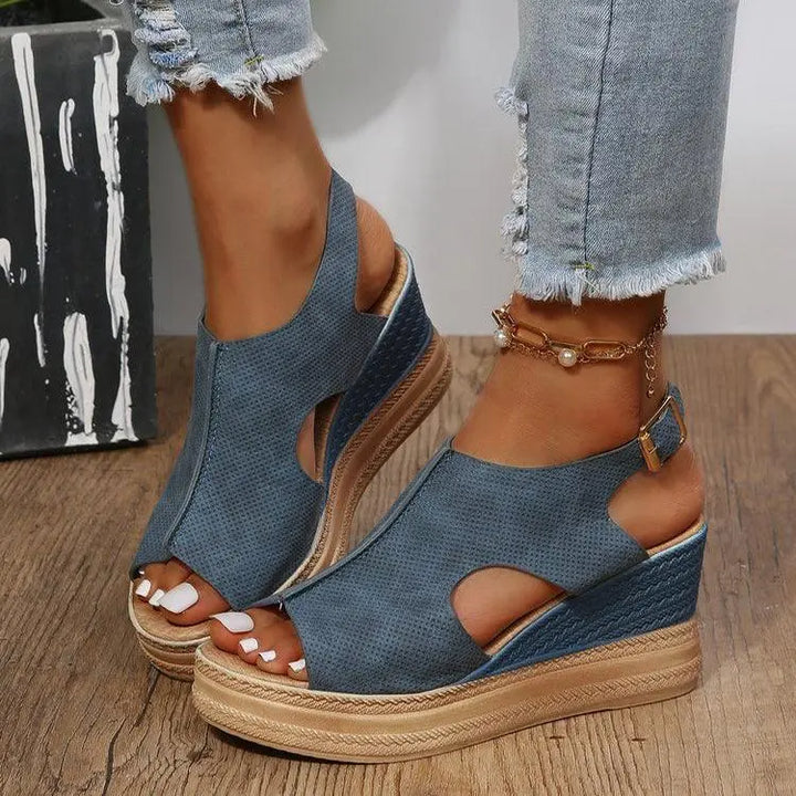 Womens Fashion Sandals Ladies Fashion Solid Color Hollow Out Leather Open Toe Buckle Wedge Heel Slides And Sandals Women - Super Amazing Store
