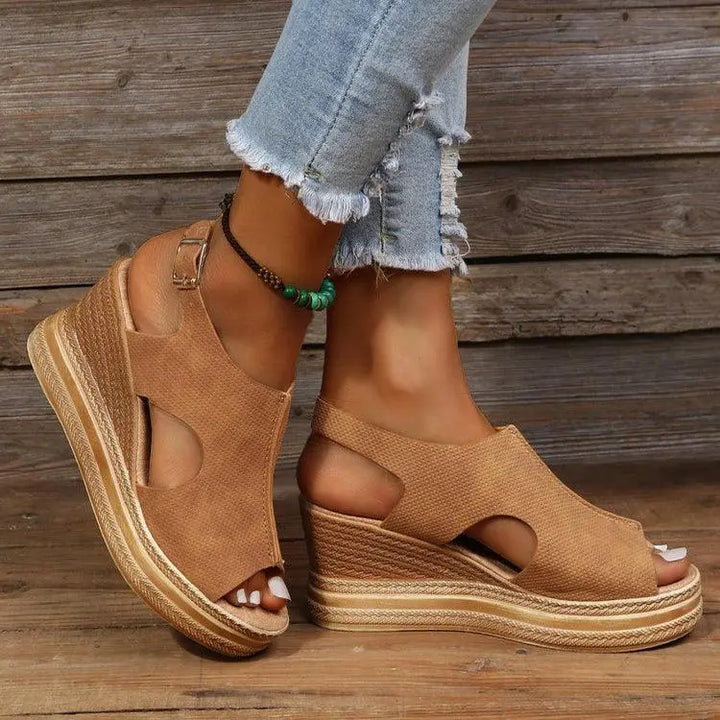 Womens Fashion Sandals Ladies Fashion Solid Color Hollow Out Leather Open Toe Buckle Wedge Heel Slides And Sandals Women - Super Amazing Store