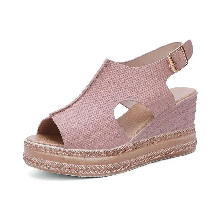 Womens Fashion Sandals Ladies Fashion Solid Color Hollow Out Leather Open Toe Buckle Wedge Heel Slides And Sandals Women - Super Amazing Store