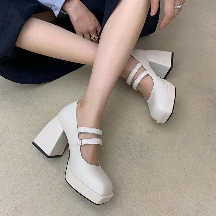 Womens Platform Heels Pumps Double Strap Chunky Block Heel Closed Square Toe Office Party Shoes - Super Amazing Store