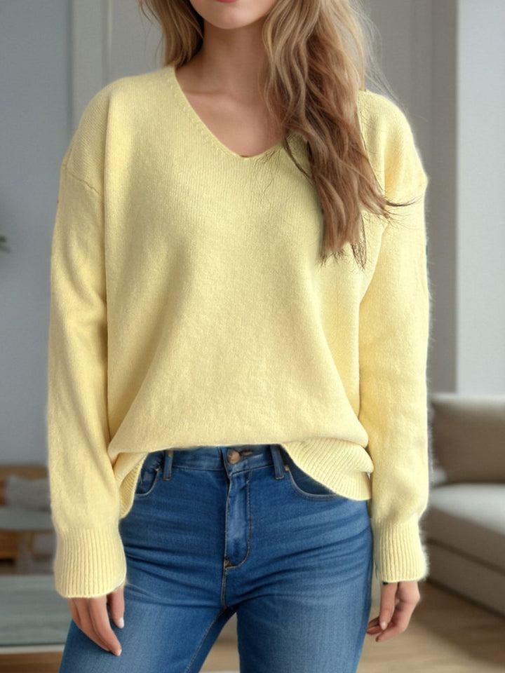 V-Neck Dropped Shoulder Long Sleeve Sweater Trendsi