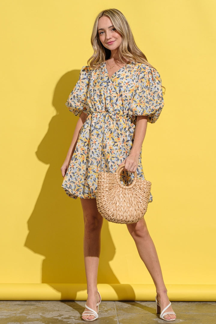 And The Why Full Size Floral Surplice Puff Sleeve Dress Trendsi