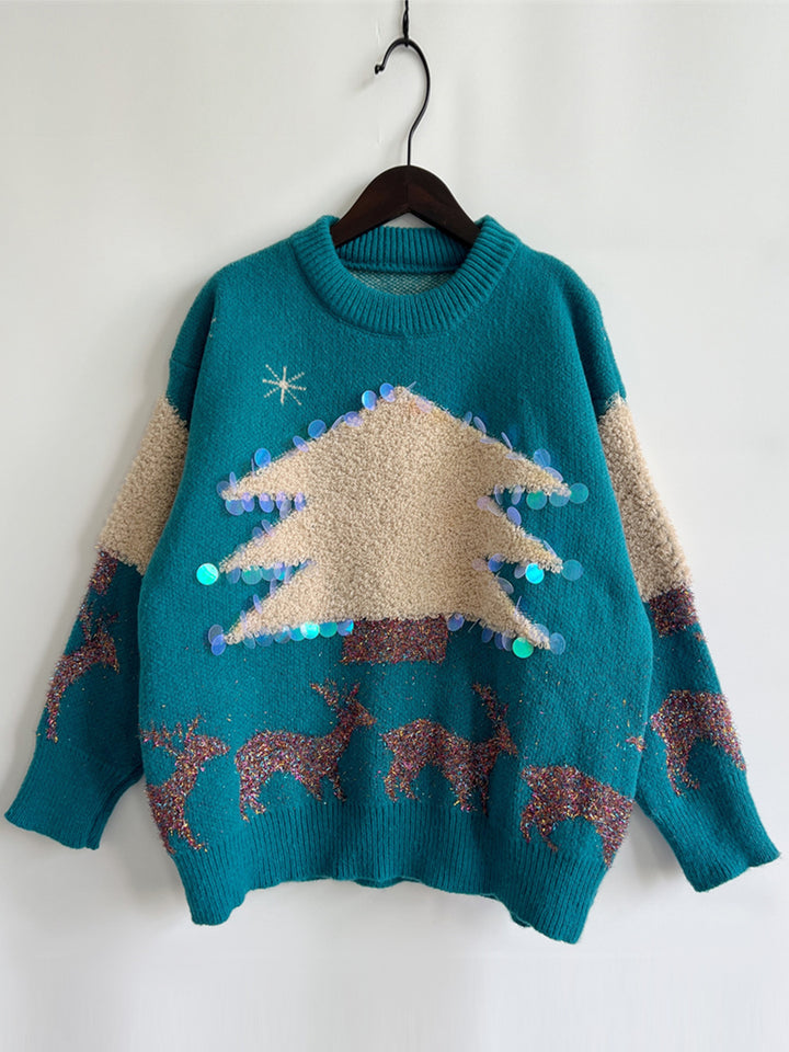 Sequin Christmas Tree & Reindeer Round Neck Sweater Trendsi