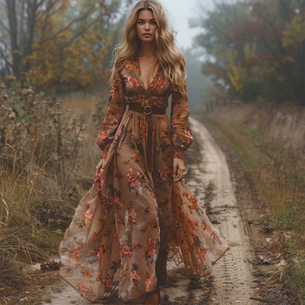 Women's V-Neck Floral Print Long Sleeve Dress With Cuffed Sleeves Flowy Maxi Super Amazing Store