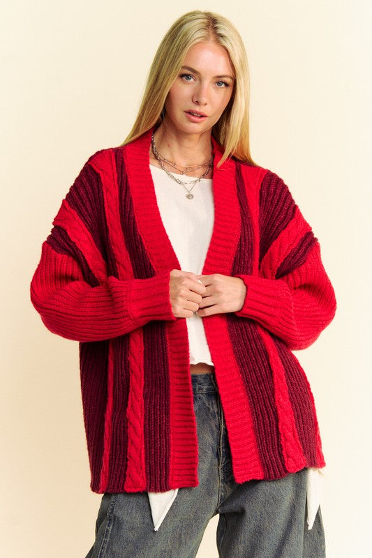 Davi & Dani Cable-Knit Color Block Open Front Cardigan Trendsi