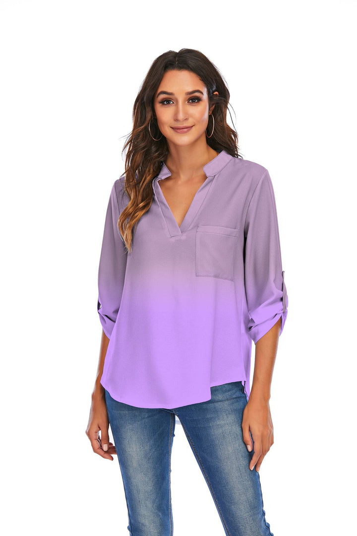 Print Gradient Blouses Women V-Neck Pockets Loose Shirts - Super Amazing Store