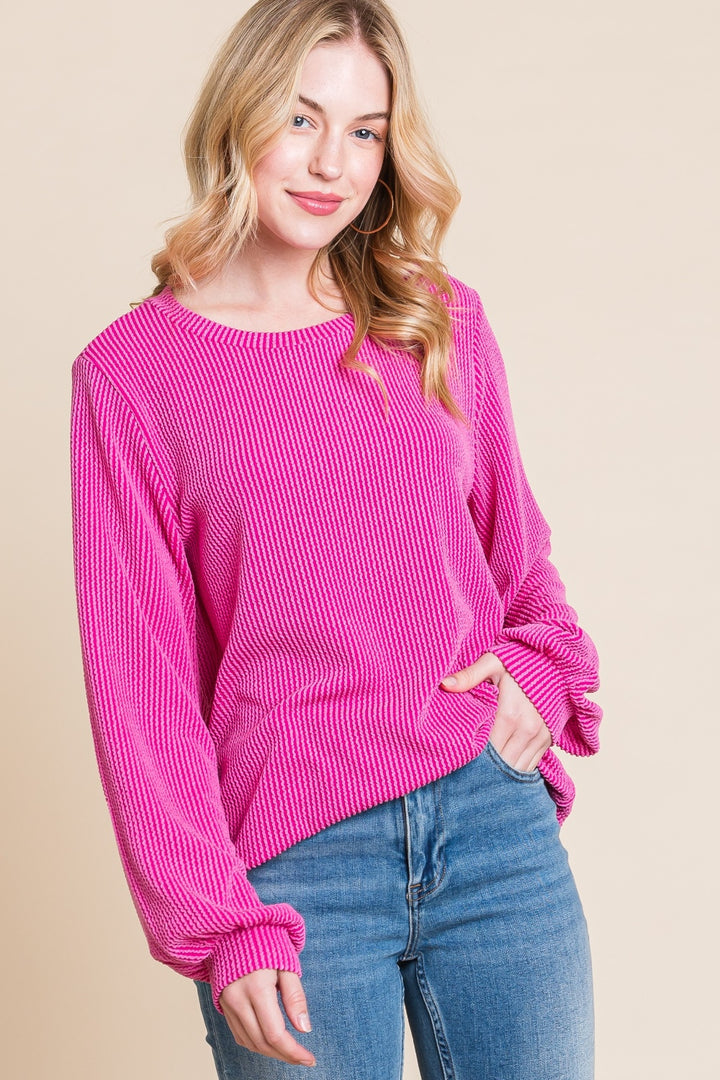 BOMBOM Long Sleeve Curved Hem Ribbed T-Shirt Trendsi