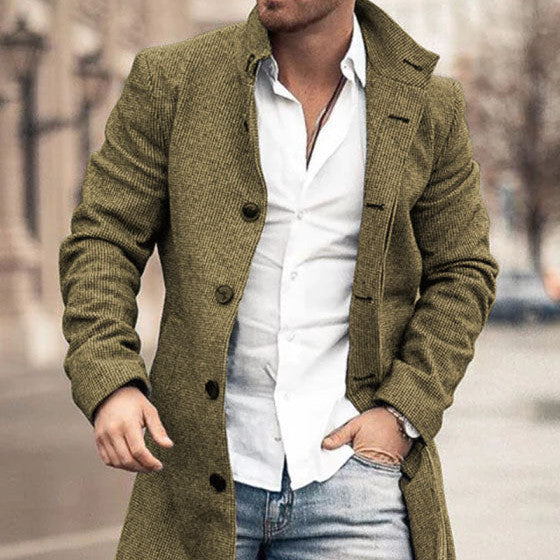 Autumn And Winter Men's Woolen Stand Collar Medium Long Pocket Casual Coat Q2