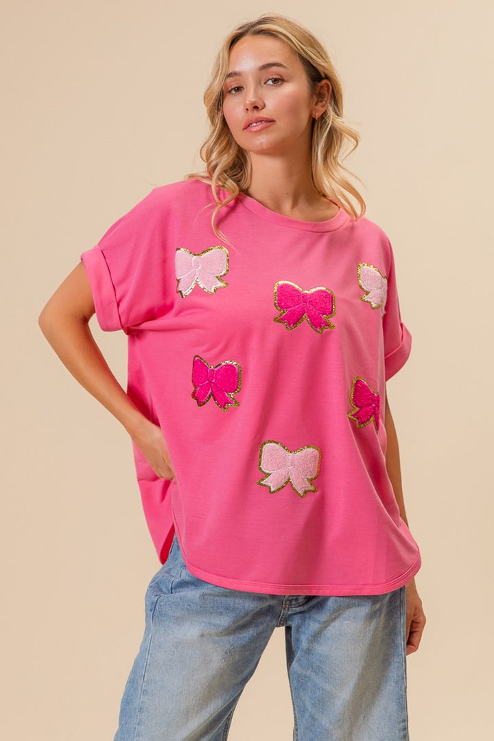 BiBi French Terry Drop Shoulder Bow Patched T-Shirt Trendsi