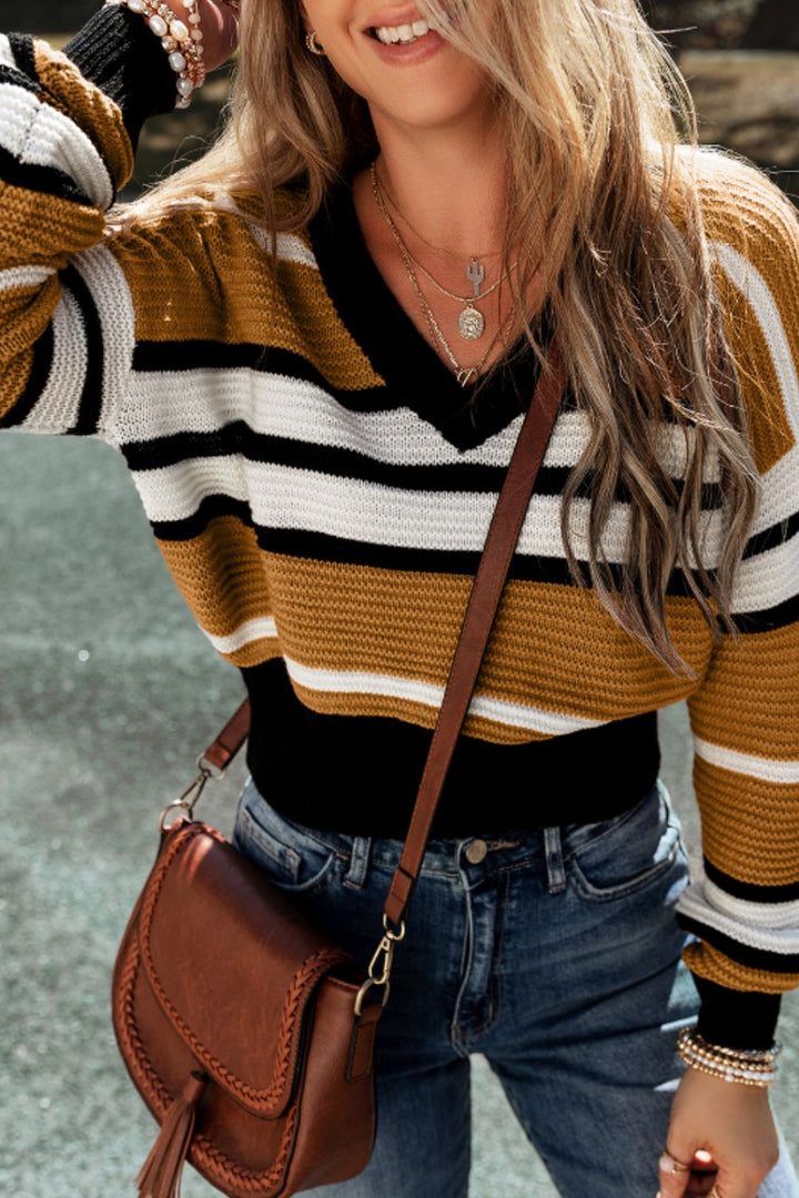 Contrast Stripes V Neck Long Sleeve Sweater Trendsi