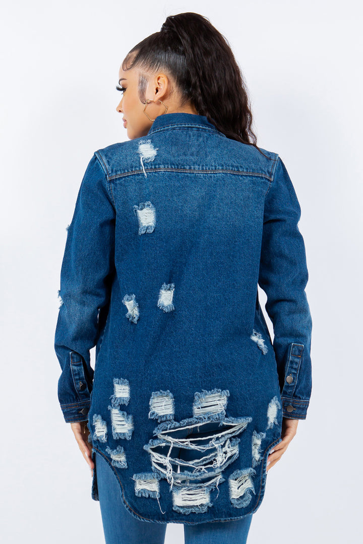 American Bazi Distressed Button Up Long Sleeve Denim Jacket Trendsi