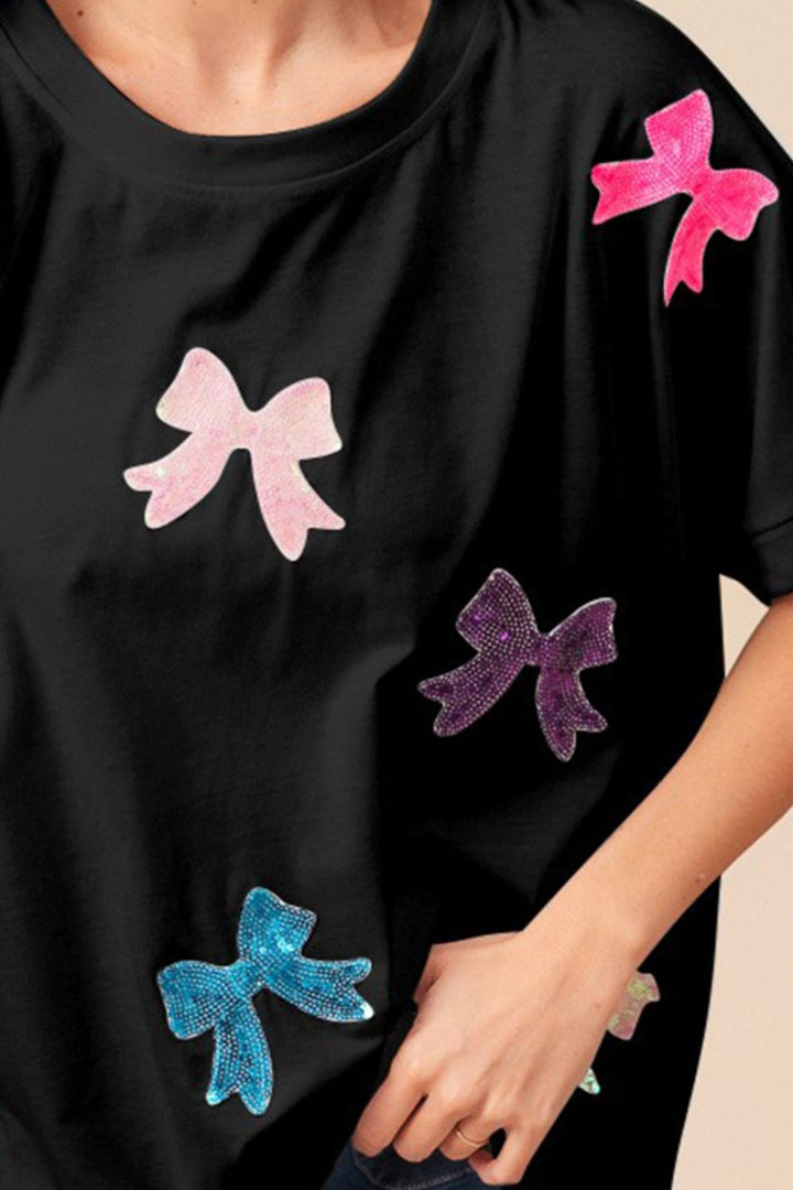 BiBi Sequin Bow Patch Short Sleeve T-Shirt Trendsi