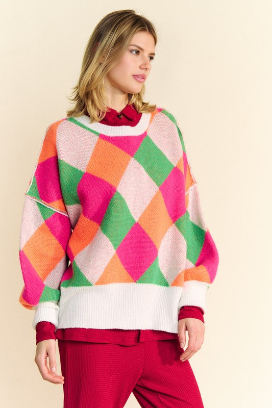 Davi & Dani Exposed Seam Color Block Dropped Shoulder Sweater Trendsi