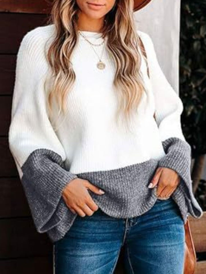 Contrast Round Neck Long Sleeve Sweater Trendsi