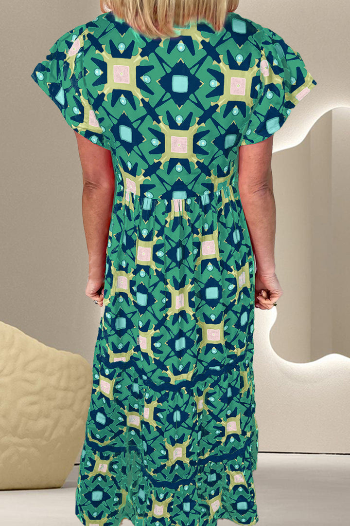 Printed Notched Cap Sleeve Dress Trendsi