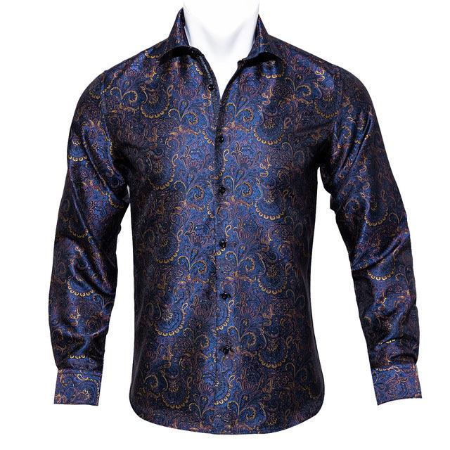 Barry.Wang Teal Paisley Floral Silk Shirts Men Autumn Long Sleeve Casual Flower Shirts For Men Designer Fit Dress Shirt BCY-05 - Super Amazing Store