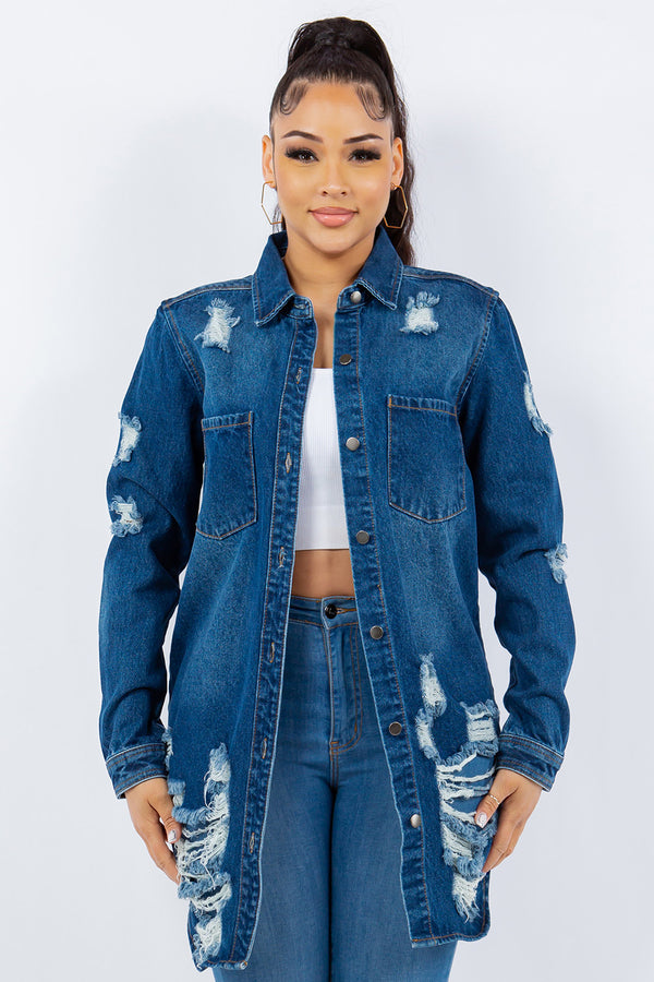 American Bazi Distressed Button Up Long Sleeve Denim Jacket Trendsi