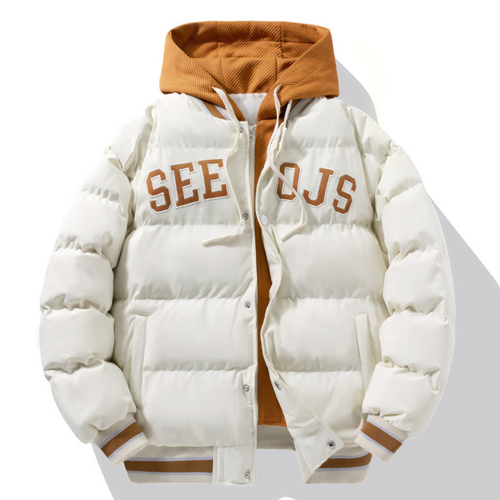 Fashion Letter Hooded Cotton Coat Winter Warm Solid Zipper Jacket For Men Q2