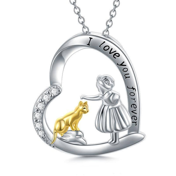 Sterling Silver Cat with A Girl I Love You Forever Necklace Jewelry - Super Amazing Store