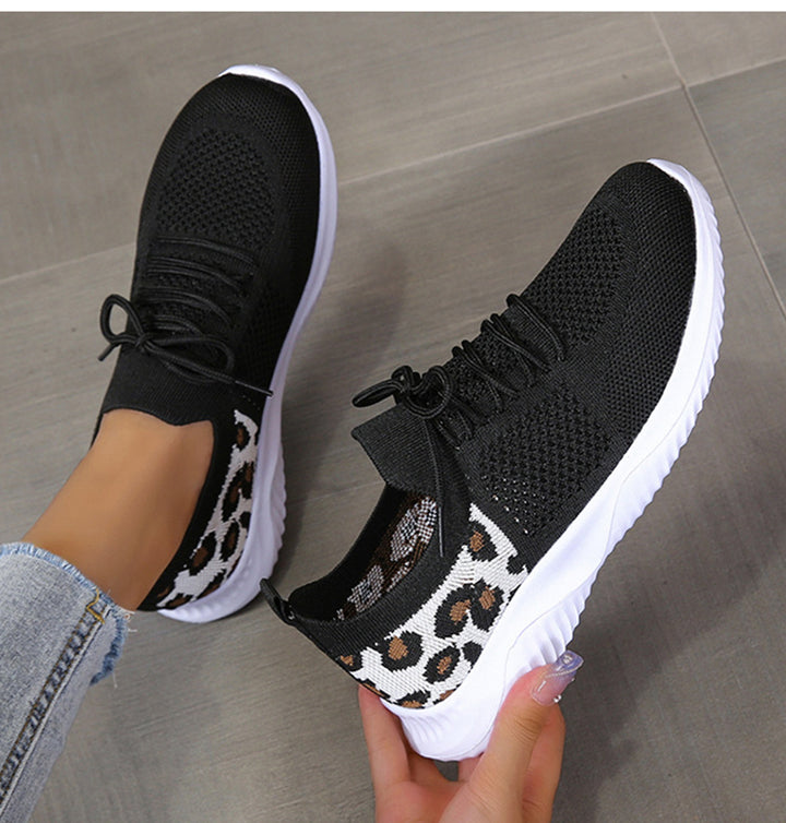 White Shoes Women Leopard Print Lace-up Sneakers Sports Q2