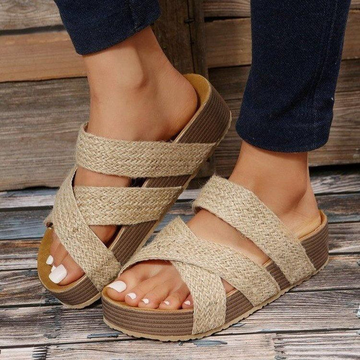 Woven Cross-strap Slippers Summer Platform Sandals Women Flat Beach Shoes - Super Amazing Store