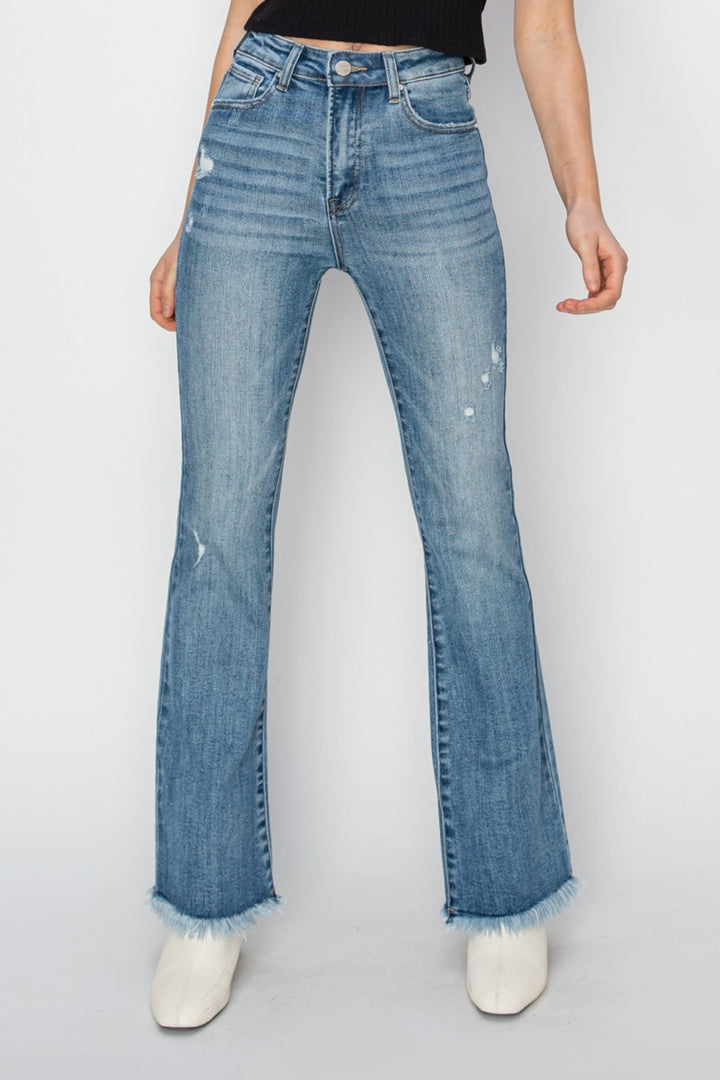 RISEN High Rise Frayed Hem Bootcut Jeans Trendsi