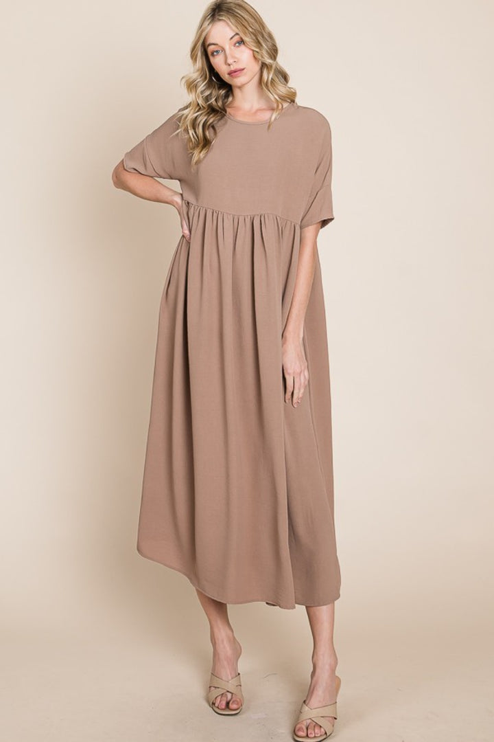 BOMBOM Round Neck Ruched Midi Dress Trendsi