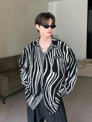 Contrasting Color Zebra Print Lapel Shirt Men's Loose Long-sleeved Shirt - Super Amazing Store