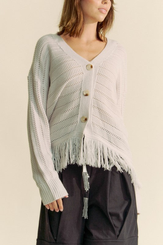 Davi & Dani Fringe V-Neck Button Up Long Sleeve Cardigan Trendsi